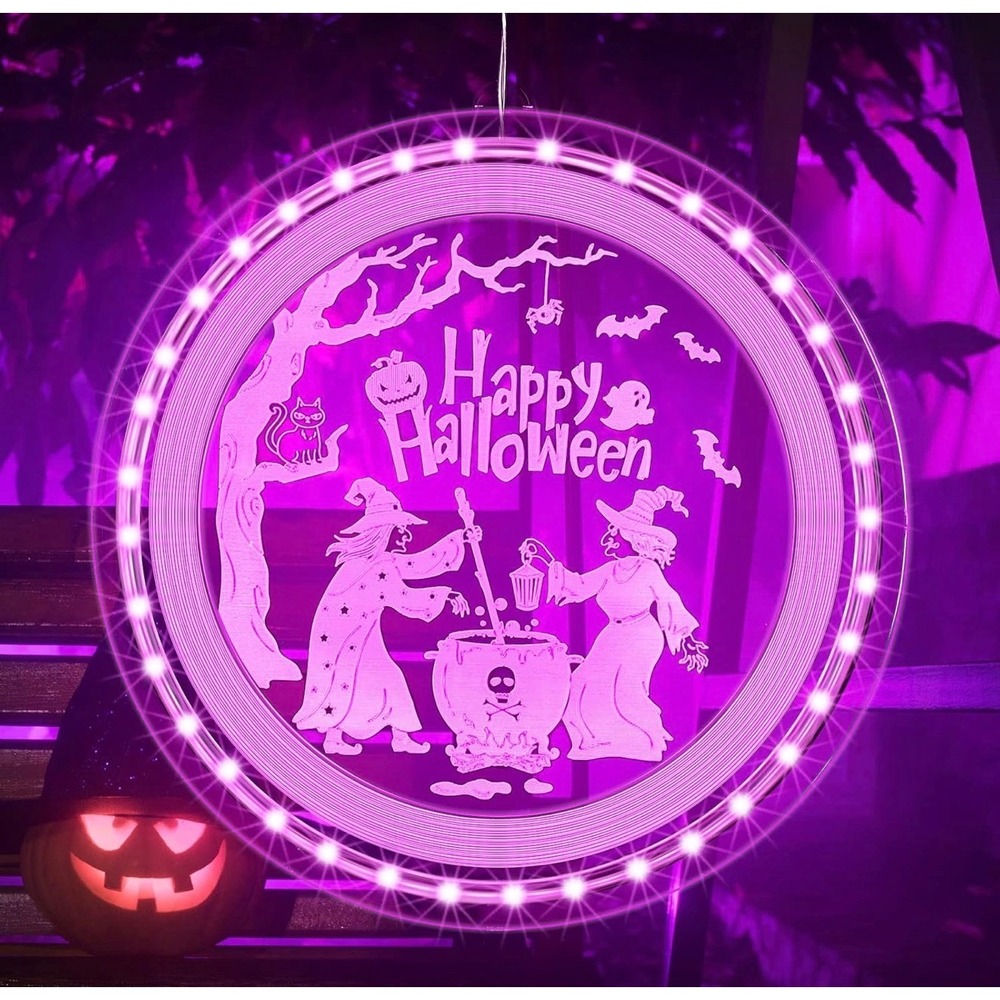 Halloween LED Hanging Window Light Purple Witch Scene 8.3" Battery Operated NWT